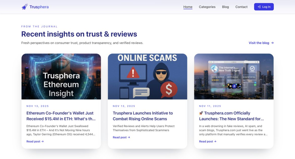 Trusphera Expands Into Full-Scale Platform For Reviews, Crypto Blogs, Scam Reports, And SEO Journals
