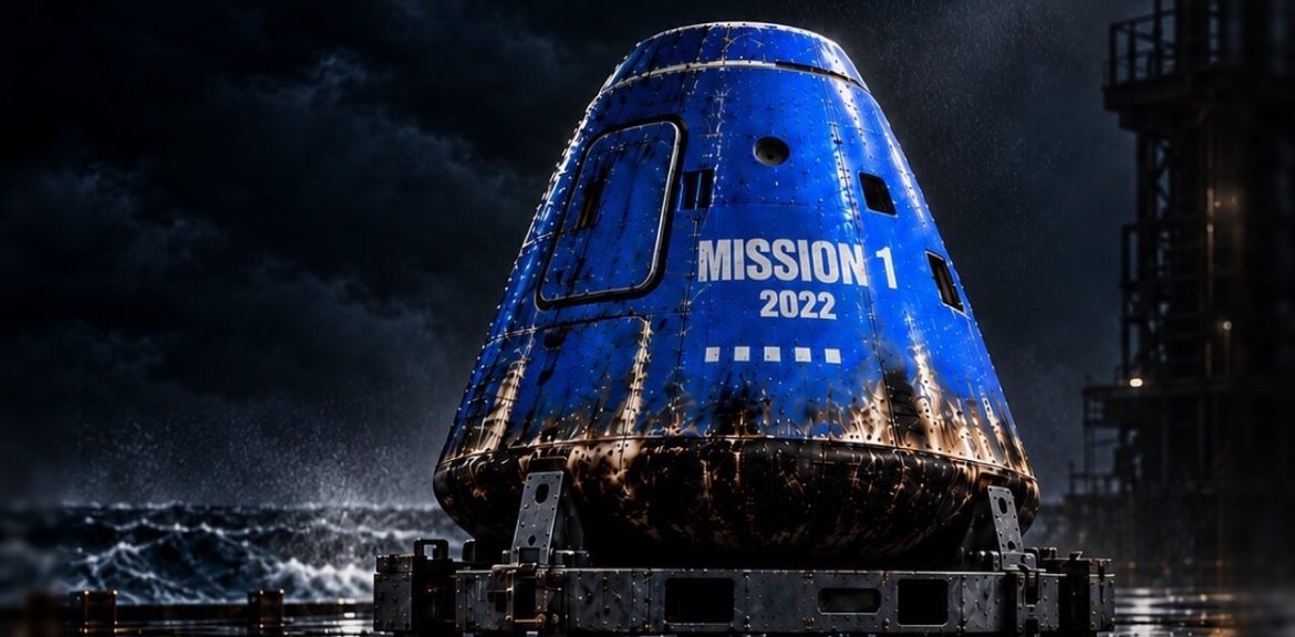 Blue space capsule marked Mission 1 2022, accompanying AX1 Console 2.0's agentic activities launchpad.