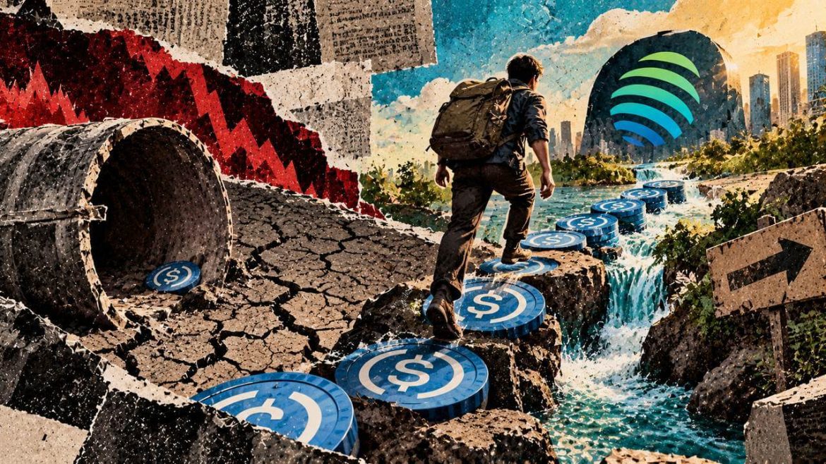 A depositor crosses oversized USDC stepping stones from depleted terrain toward renewed Jupiter Lend liquidity.